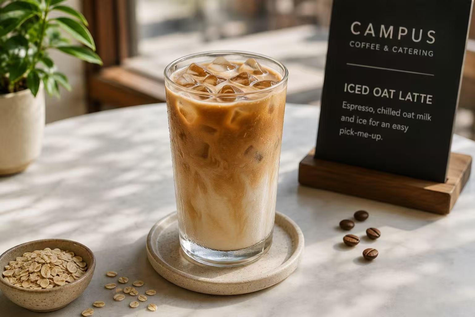 Iced oat latte in a tall glass